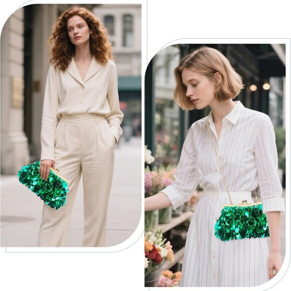 Green Sequin Evening Clutch Purse for Women | Elegant Glam Wedding Party Prom Ni - Picture 2 of 6